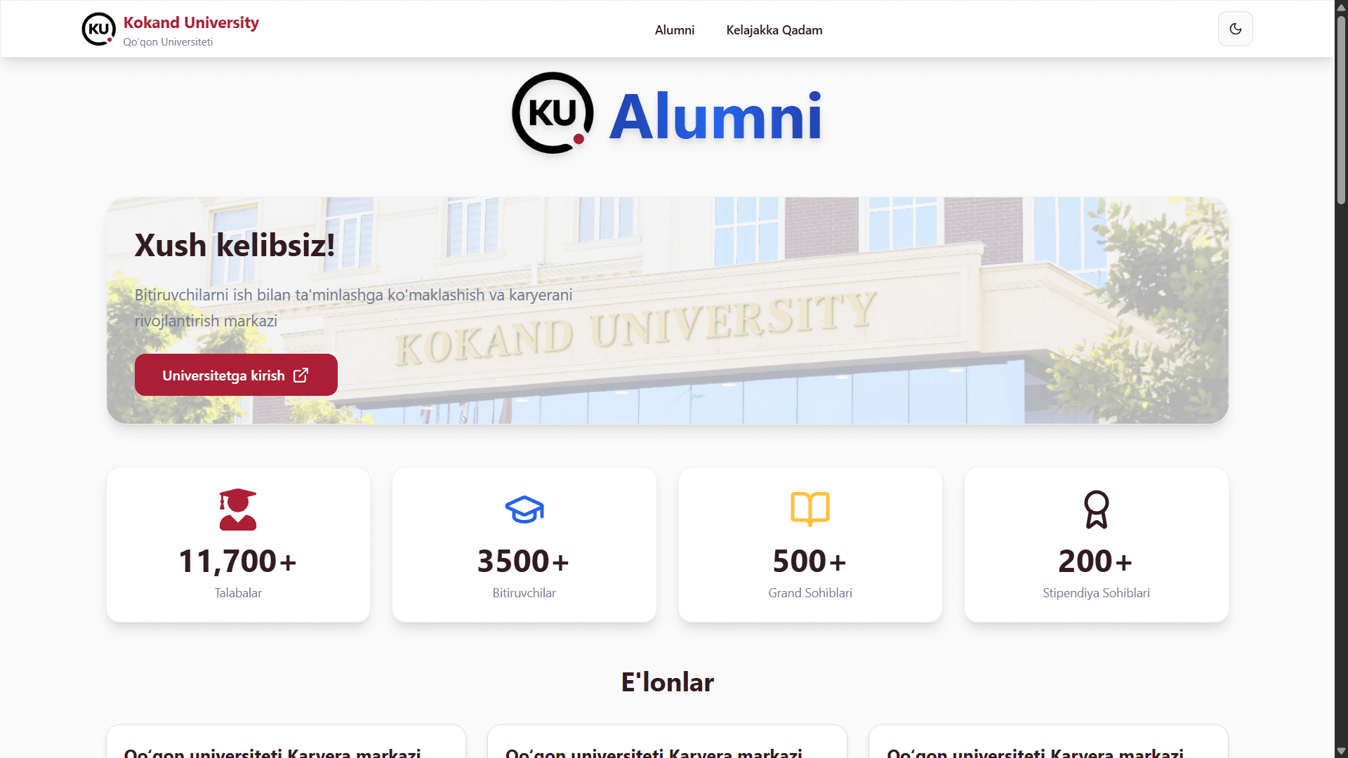 Kokand University platform screenshot